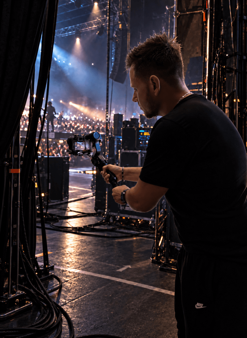Frédéric Roche en tournage, caméra à l'épaule, en coulisses d'un concert